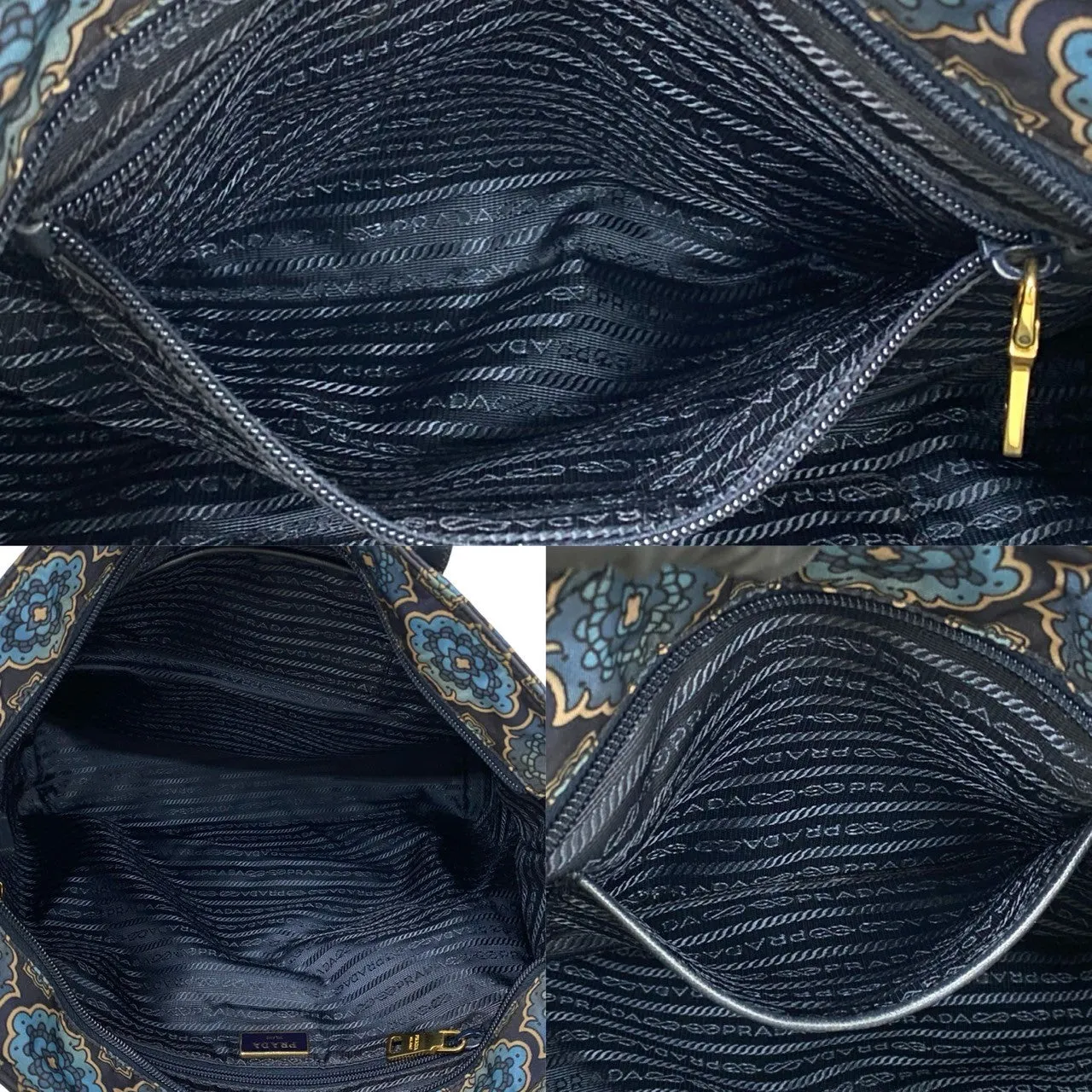 PRADA Shoulder Bag Nylon, Leather Navy Triangle logo Metal Floral pattern Women Used