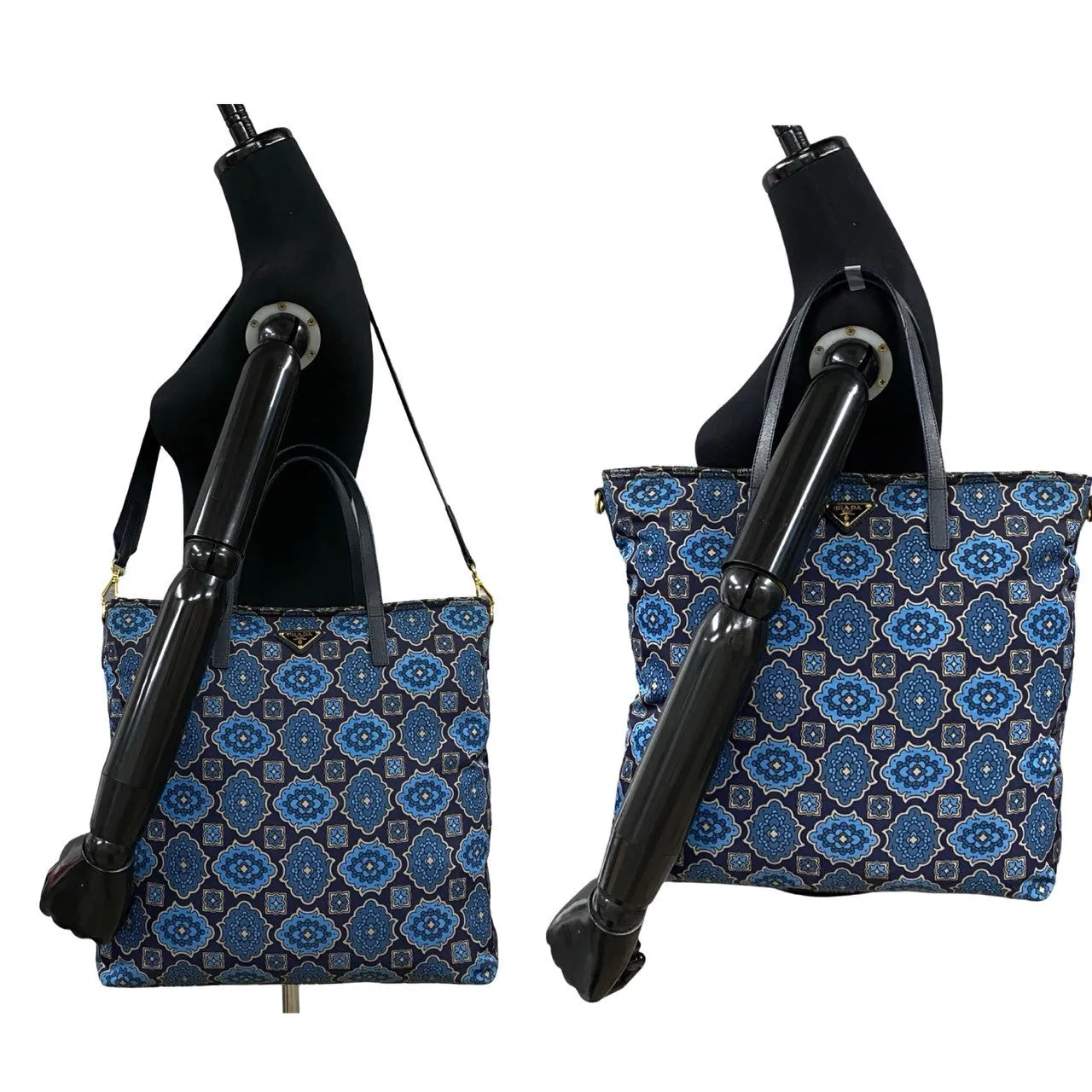 PRADA Shoulder Bag Nylon, Leather Navy Triangle logo Metal Floral pattern Women Used