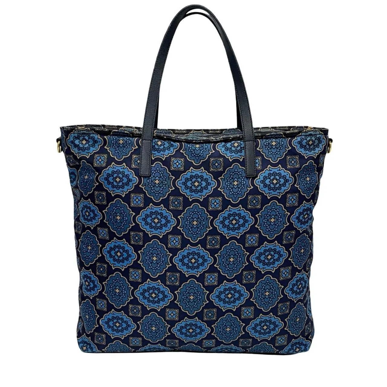 PRADA Shoulder Bag Nylon, Leather Navy Triangle logo Metal Floral pattern Women Used