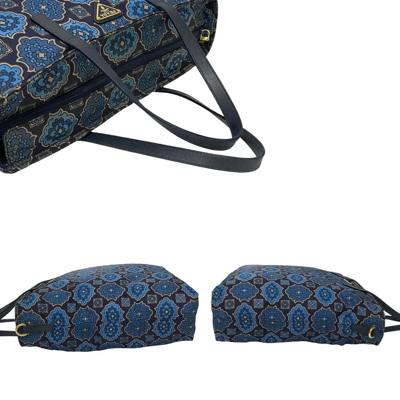 PRADA Shoulder Bag Nylon, Leather Navy Triangle logo Metal Floral pattern Women Used