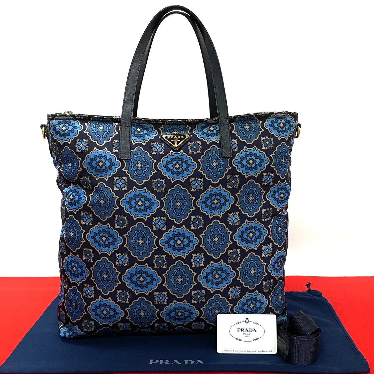 PRADA Shoulder Bag Nylon, Leather Navy Triangle logo Metal Floral pattern Women Used