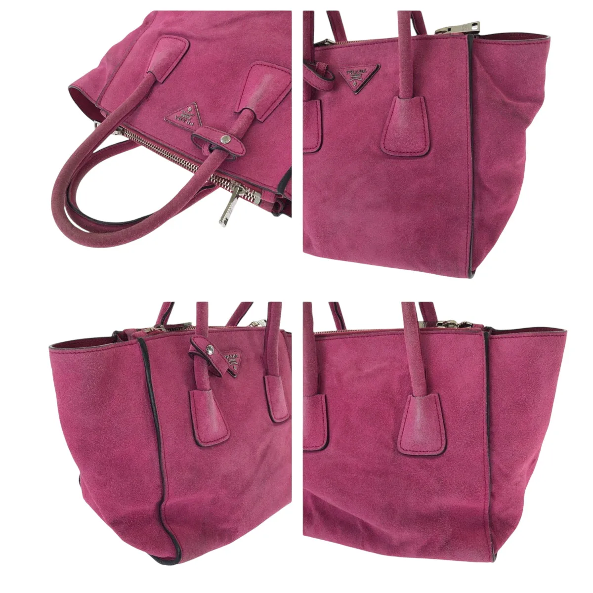 PRADA Tote Bag BN2625 Suede Pink SilverMetal Tote Bag Shoulder Bag Handbag Triangle With logo Women Used