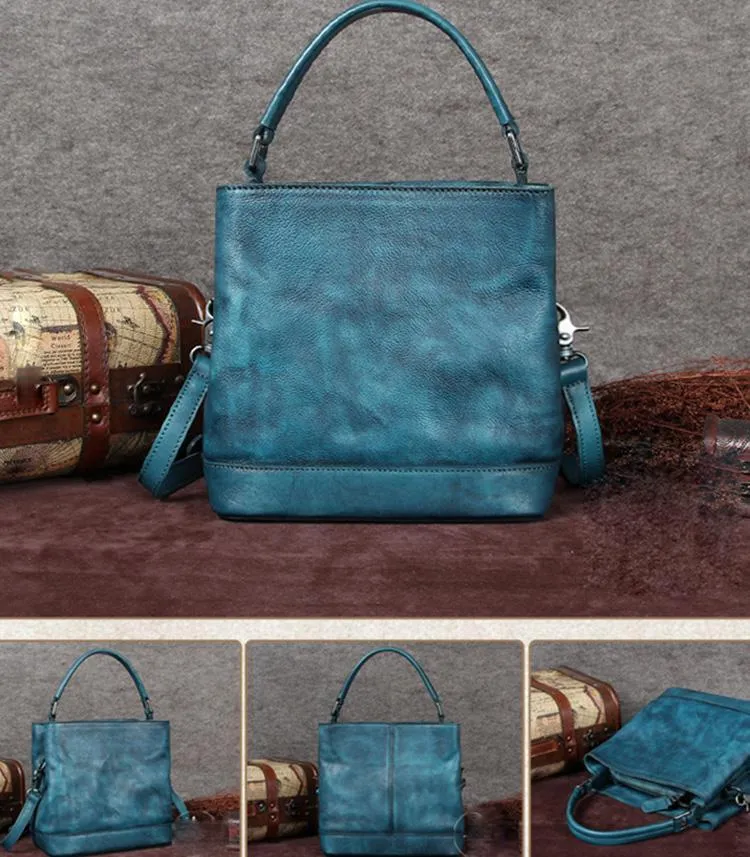 Purple Genuine Leather Womens Bucket Handbags Barrel Shoulder Bag Purses for Ladies