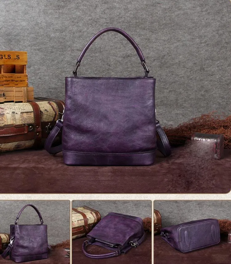 Purple Genuine Leather Womens Bucket Handbags Barrel Shoulder Bag Purses for Ladies