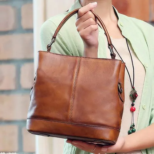 Purple Genuine Leather Womens Bucket Handbags Barrel Shoulder Bag Purses for Ladies