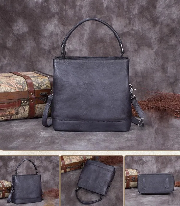 Purple Genuine Leather Womens Bucket Handbags Barrel Shoulder Bag Purses for Ladies