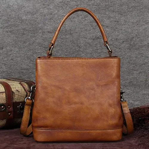 Purple Genuine Leather Womens Bucket Handbags Barrel Shoulder Bag Purses for Ladies