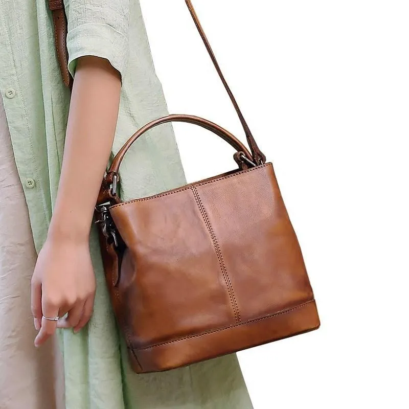 Purple Genuine Leather Womens Bucket Handbags Barrel Shoulder Bag Purses for Ladies