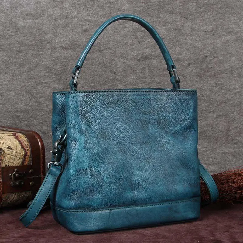 Purple Genuine Leather Womens Bucket Handbags Barrel Shoulder Bag Purses for Ladies