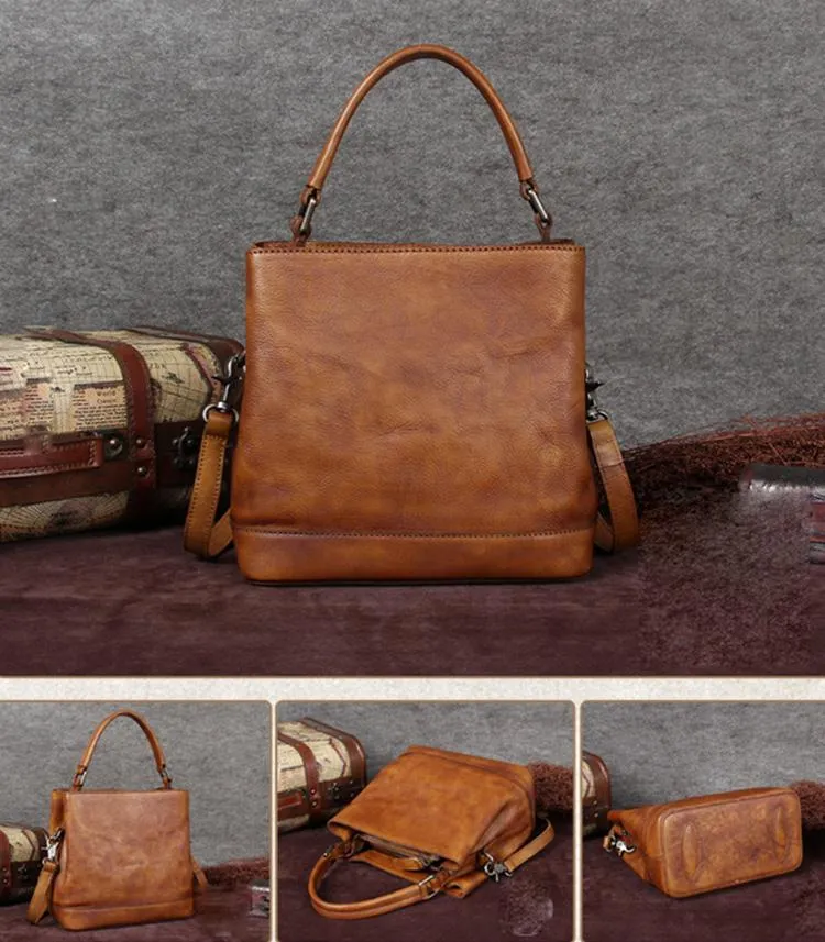 Purple Genuine Leather Womens Bucket Handbags Barrel Shoulder Bag Purses for Ladies