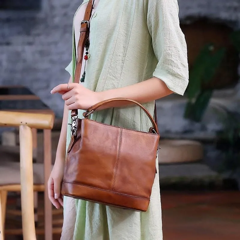 Purple Genuine Leather Womens Bucket Handbags Barrel Shoulder Bag Purses for Ladies