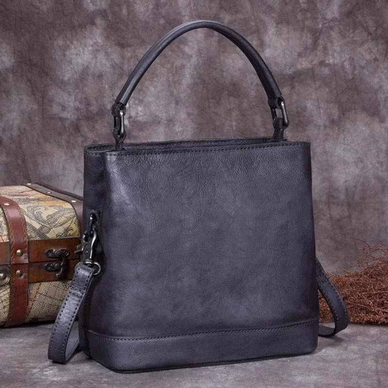 Purple Genuine Leather Womens Bucket Handbags Barrel Shoulder Bag Purses for Ladies