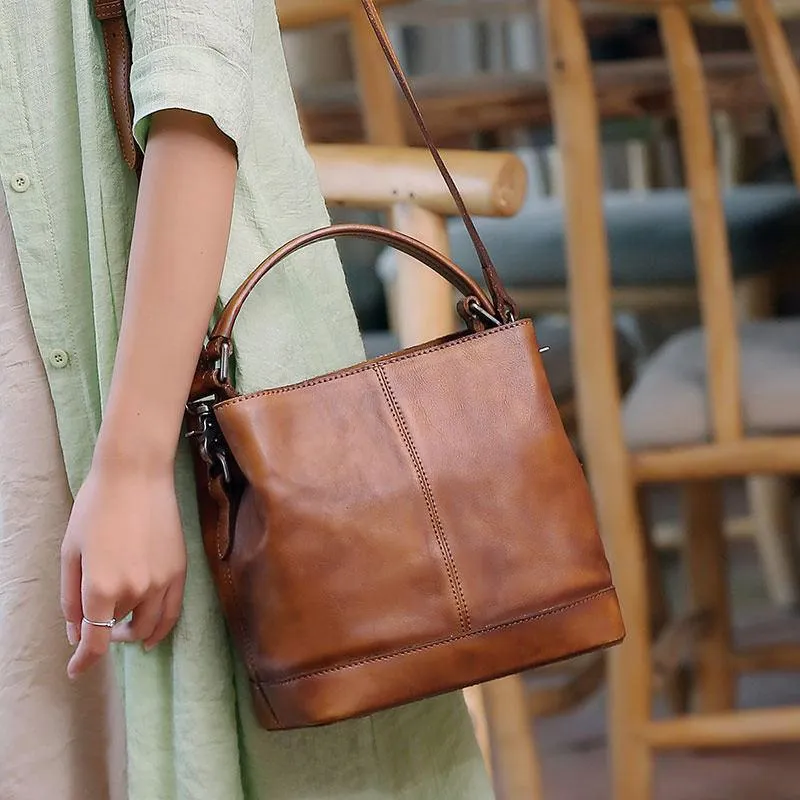 Purple Genuine Leather Womens Bucket Handbags Barrel Shoulder Bag Purses for Ladies