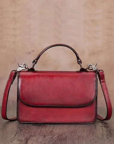 Red Vintage Womens Leather Square Satchel Handbag Brown Shoulder Bag Purse for Ladies