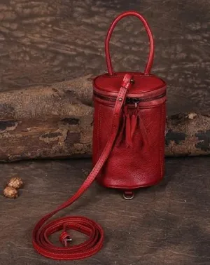 Red Womens Leather Bucket Handbag Womens Barrel Purse Small Brown Bucket Shoulder Purse