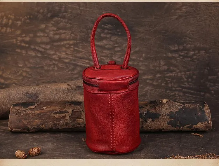 Red Womens Leather Bucket Handbag Womens Barrel Purse Small Brown Bucket Shoulder Purse
