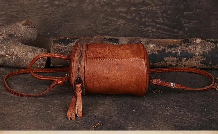 Red Womens Leather Bucket Handbag Womens Barrel Purse Small Brown Bucket Shoulder Purse