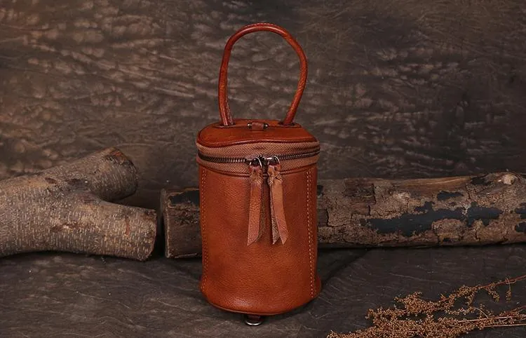 Red Womens Leather Bucket Handbag Womens Barrel Purse Small Brown Bucket Shoulder Purse