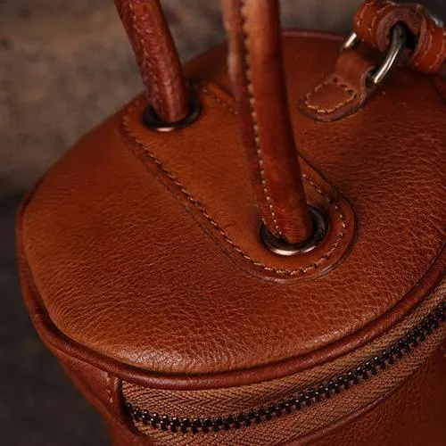 Red Womens Leather Bucket Handbag Womens Barrel Purse Small Brown Bucket Shoulder Purse