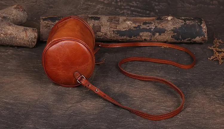 Red Womens Leather Bucket Handbag Womens Barrel Purse Small Brown Bucket Shoulder Purse