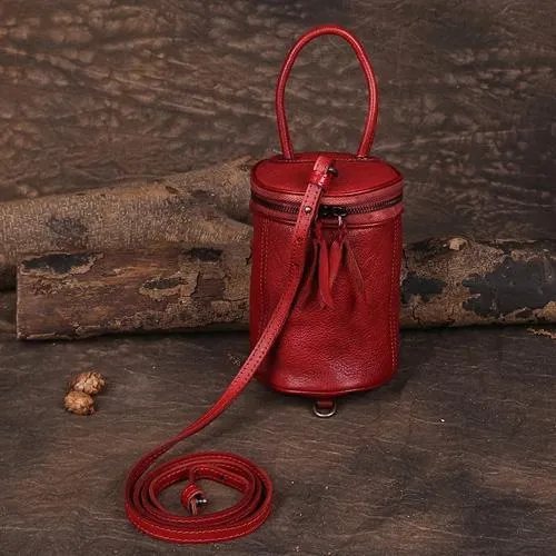 Red Womens Leather Bucket Handbag Womens Barrel Purse Small Brown Bucket Shoulder Purse