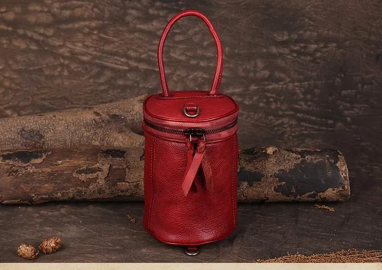 Red Womens Leather Bucket Handbag Womens Barrel Purse Small Brown Bucket Shoulder Purse