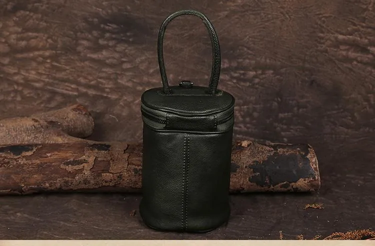 Red Womens Leather Bucket Handbag Womens Barrel Purse Small Brown Bucket Shoulder Purse