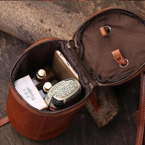 Red Womens Leather Bucket Handbag Womens Barrel Purse Small Brown Bucket Shoulder Purse