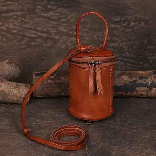 Red Womens Leather Bucket Handbag Womens Barrel Purse Small Brown Bucket Shoulder Purse