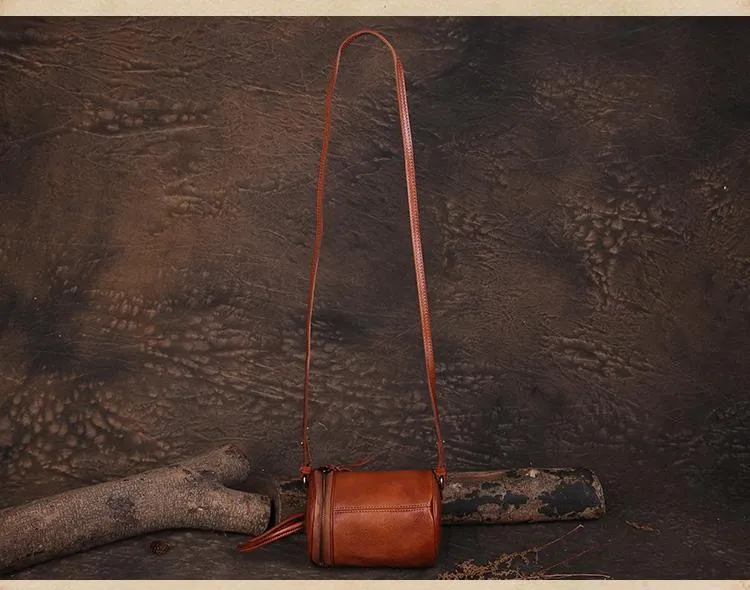 Red Womens Leather Bucket Handbag Womens Barrel Purse Small Brown Bucket Shoulder Purse