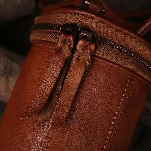 Red Womens Leather Bucket Handbag Womens Barrel Purse Small Brown Bucket Shoulder Purse