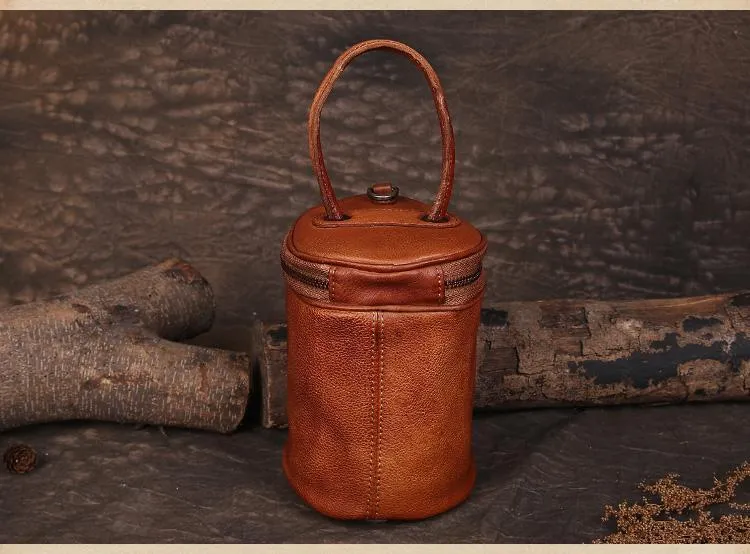 Red Womens Leather Bucket Handbag Womens Barrel Purse Small Brown Bucket Shoulder Purse