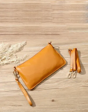 Tan Leather Wristlet Wallet Womens Small Minimalist Shoulder Purse Zip Crossbody Purse Slim Shoulder Bag for Women