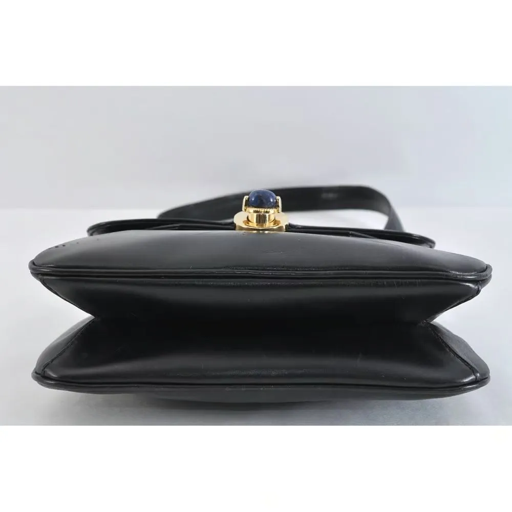 Unique 1960s Gucci mod, black leather, shoulder bag with a beautiful, blue, lapis lazuli accent on the clasp & bold gold hardware