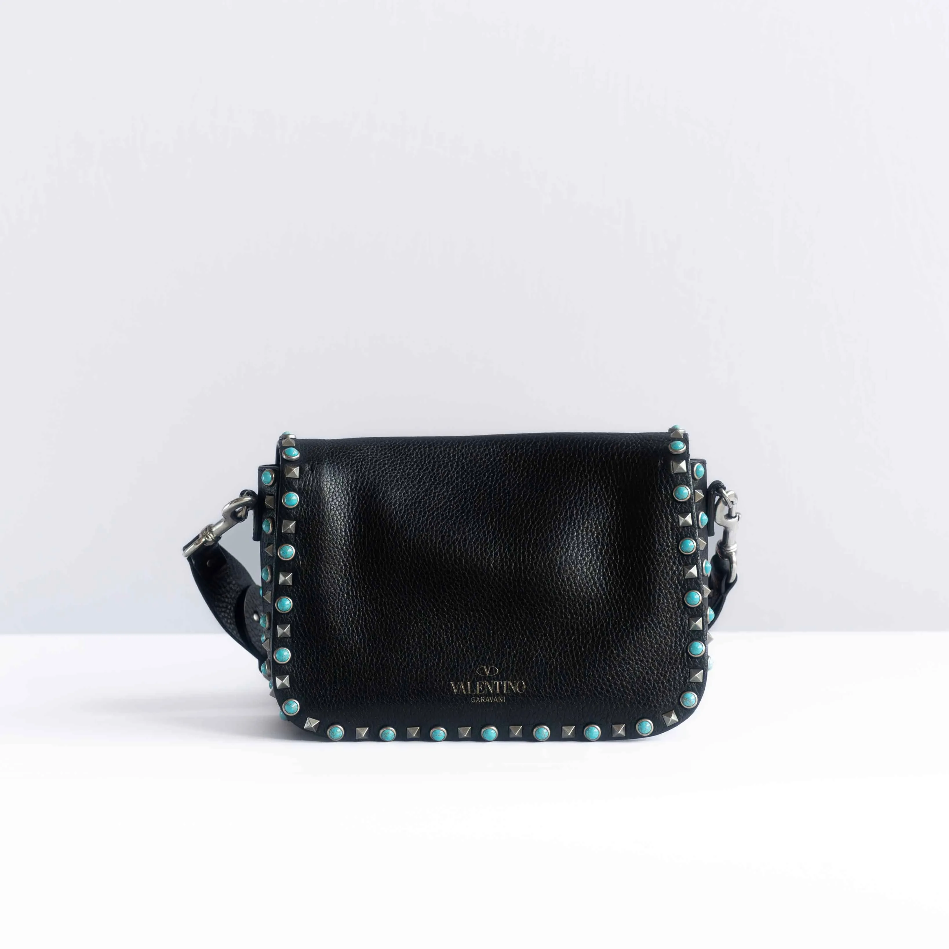 VALENTINO - SHOULDER BAG ROCKSTUD BLACK LEATHER WITH MULTICOLOR STRAP