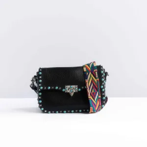 VALENTINO - SHOULDER BAG ROCKSTUD BLACK LEATHER WITH MULTICOLOR STRAP
