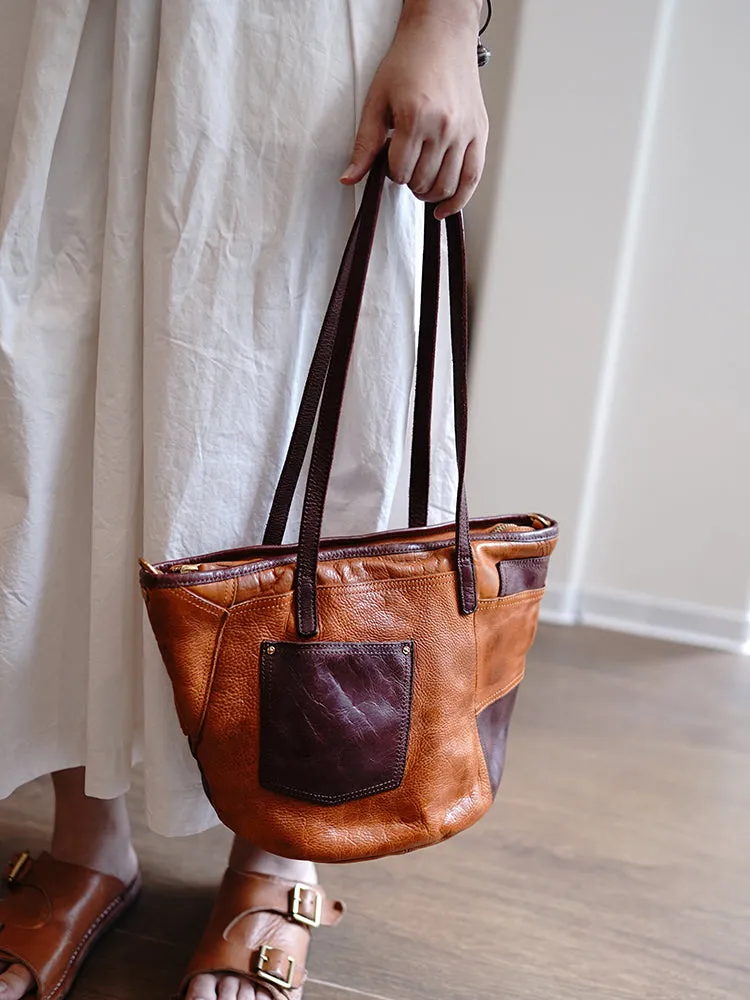 Vintage Black Leather Stitching Style Shoulder Tote Women Tote Handbag for Women