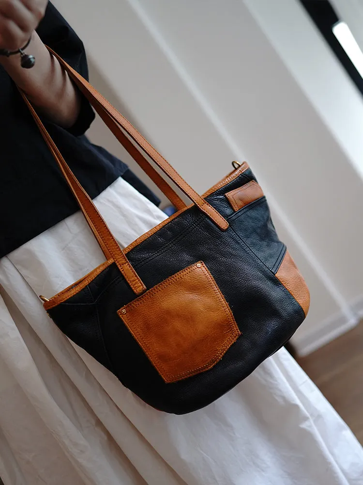 Vintage Black Leather Stitching Style Shoulder Tote Women Tote Handbag for Women