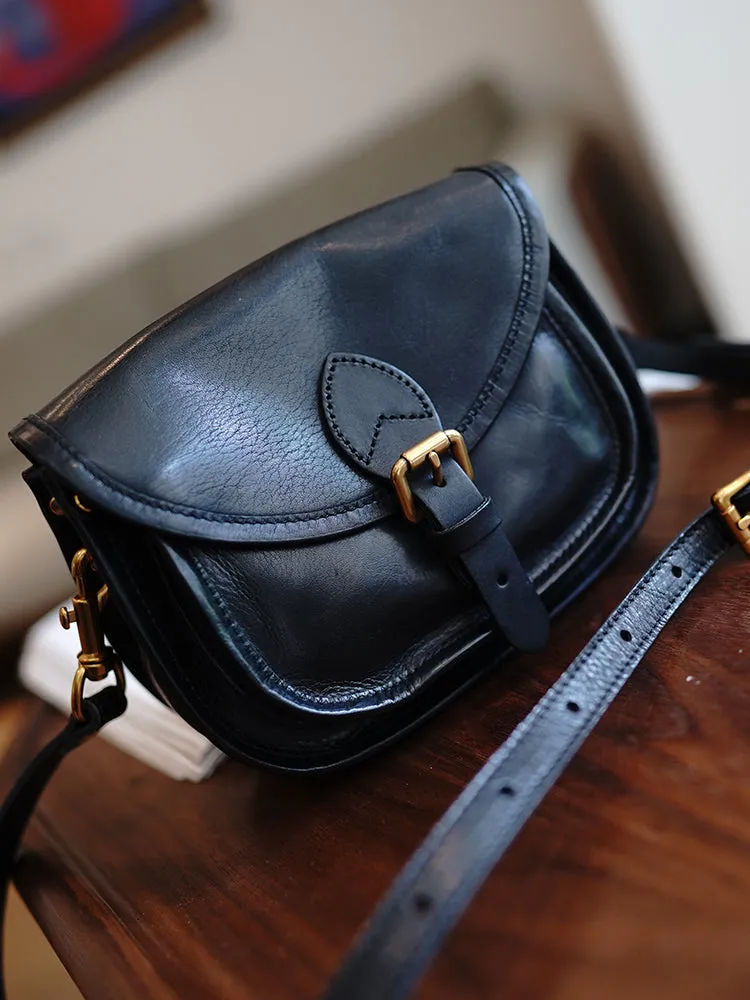 Vintage Black Womens Small Saddle Shoulder Bag Small Satchel Side Bag Crossbody Purse for Ladies