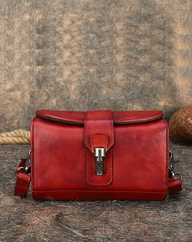 Vintage Brown Leather Womens Box Shoulder Bag School Crossbody Purse for Women