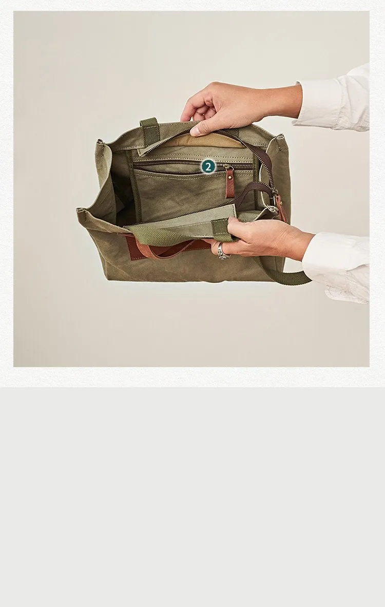 Vintage Canvas Leather Mens Tote Bag Green Tote Handbag Canvas Shoulder Tote for Men Women