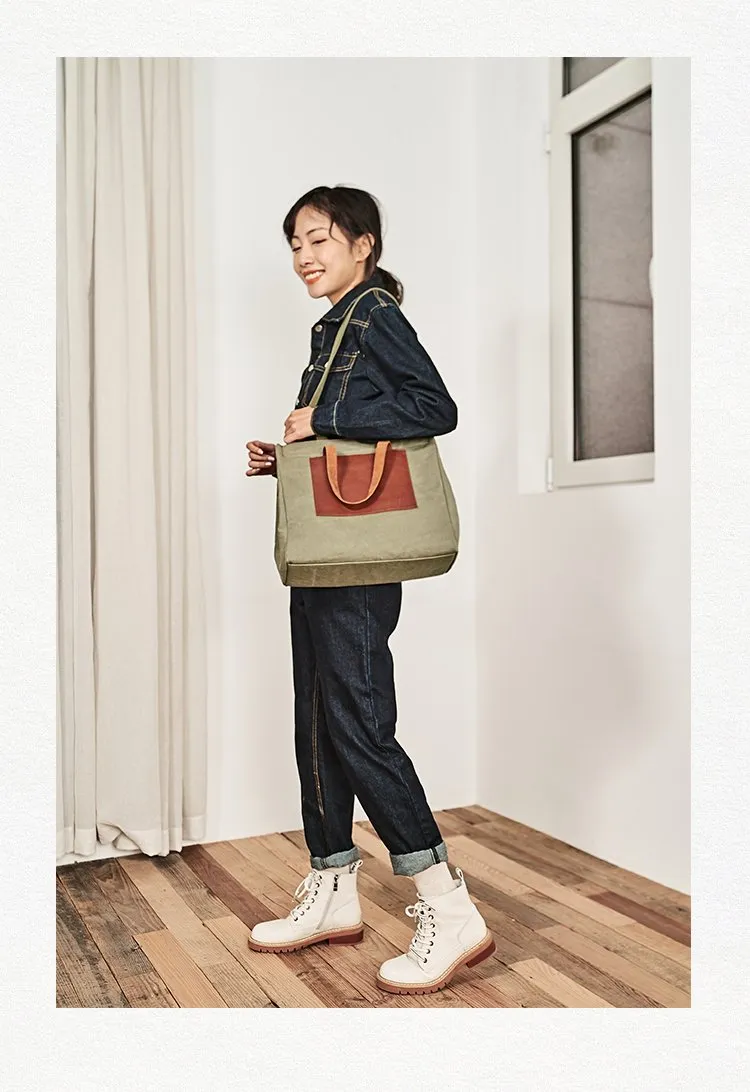 Vintage Canvas Leather Mens Tote Bag Green Tote Handbag Canvas Shoulder Tote for Men Women