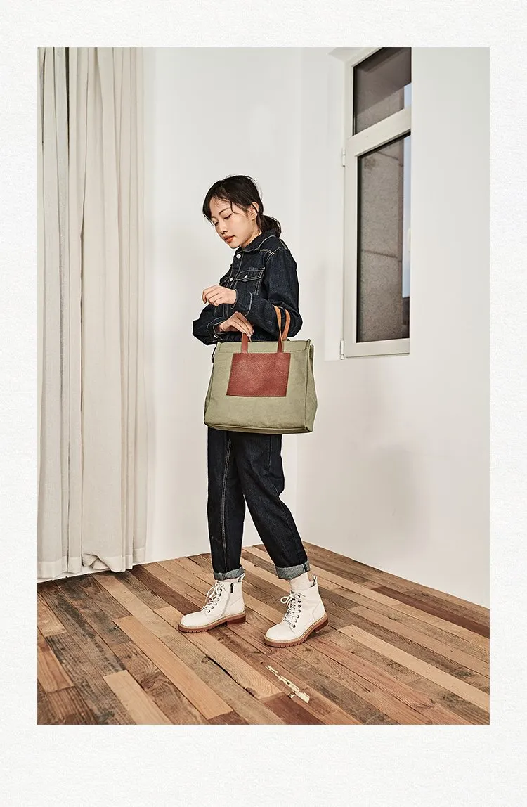 Vintage Canvas Leather Mens Tote Bag Green Tote Handbag Canvas Shoulder Tote for Men Women