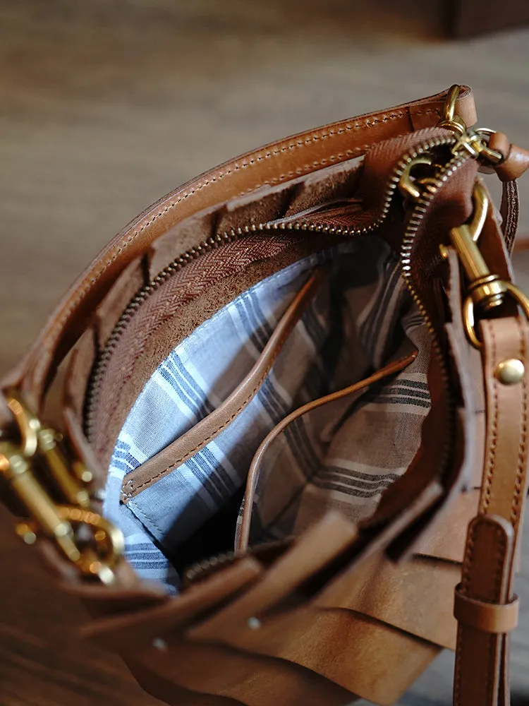 Vintage Coffee Leather Splicing Bucket Handbag Women Handmade Small Shoulder Bag for Women