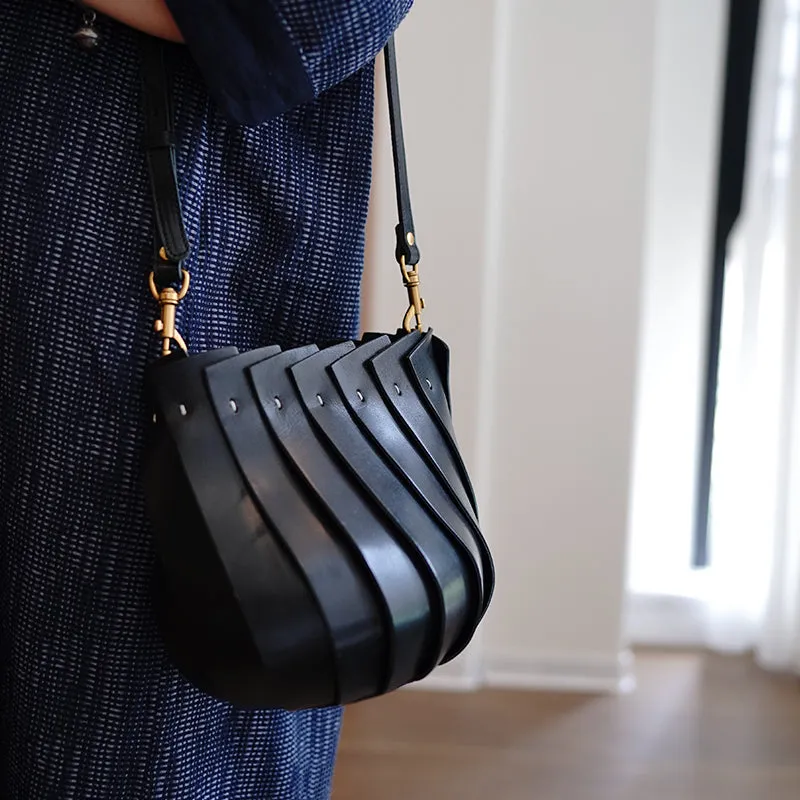Vintage Coffee Leather Splicing Bucket Handbag Women Handmade Small Shoulder Bag for Women