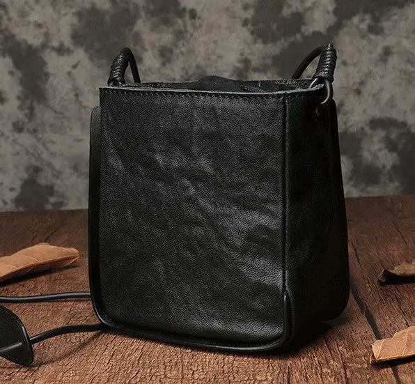 Vintage Leather Small Black Bucket Shoulder Bag Black Barrel Crossbody Purse For Women