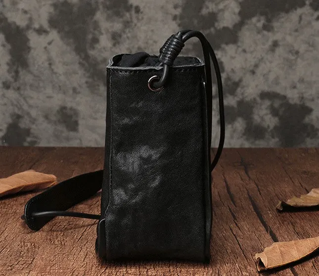Vintage Leather Small Black Bucket Shoulder Bag Black Barrel Crossbody Purse For Women
