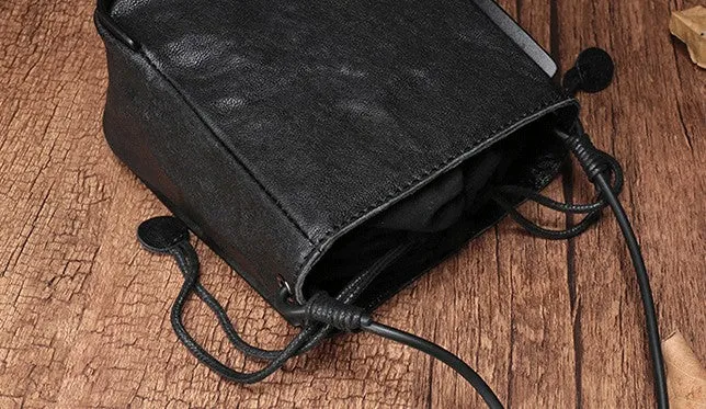 Vintage Leather Small Black Bucket Shoulder Bag Black Barrel Crossbody Purse For Women