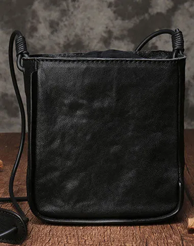 Vintage Leather Small Black Bucket Shoulder Bag Black Barrel Crossbody Purse For Women