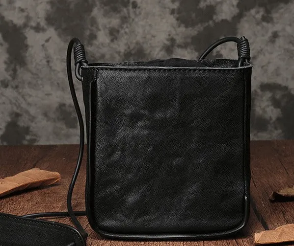 Vintage Leather Small Black Bucket Shoulder Bag Black Barrel Crossbody Purse For Women